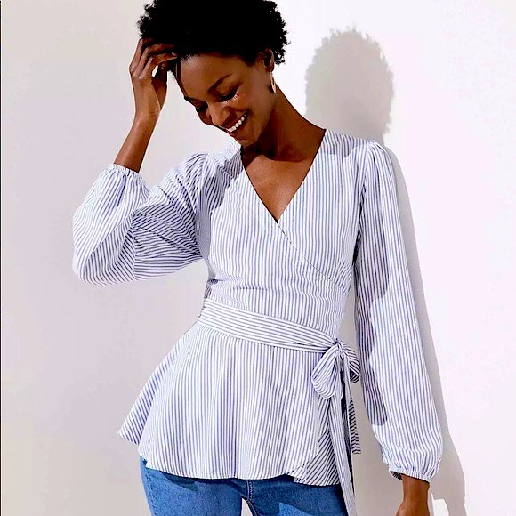 LOFT Tops - NWOT Loft Long Sleeve Wrap Peplum Striped Blouse BLUE/WHITE - SIZE M